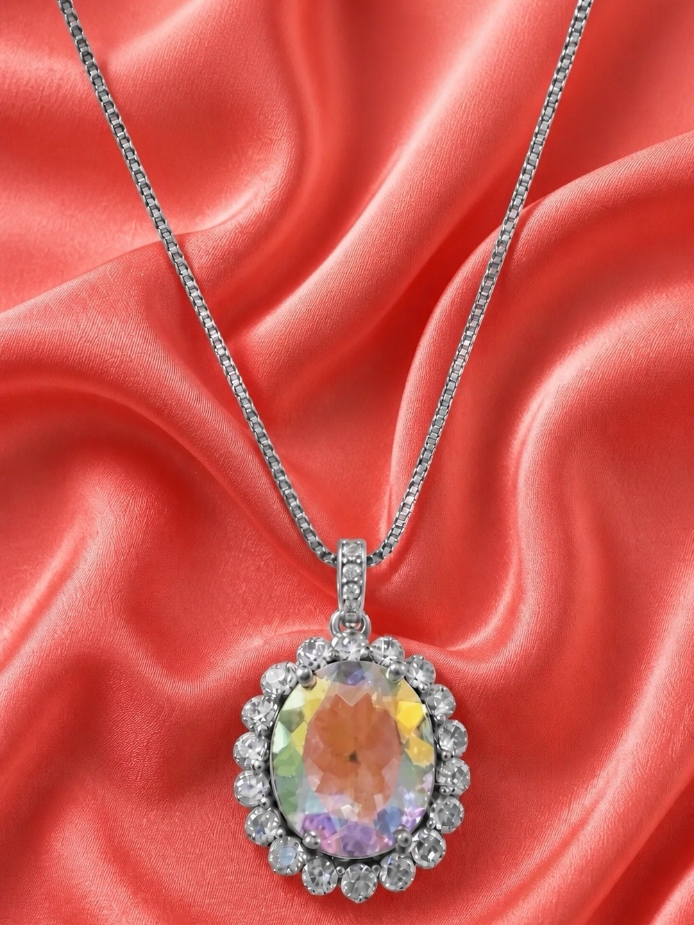 5ctw. Mercury Mystic Quartz Pendant. Rhodium over 925 sterling silver. CZ Halo.